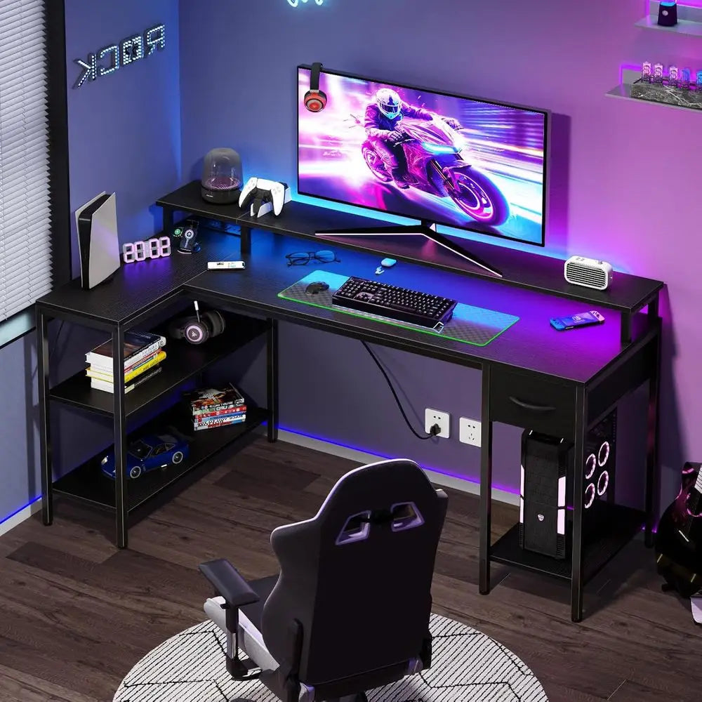Gaming Desk USB Charging Ports And LED Lights L Shaped
