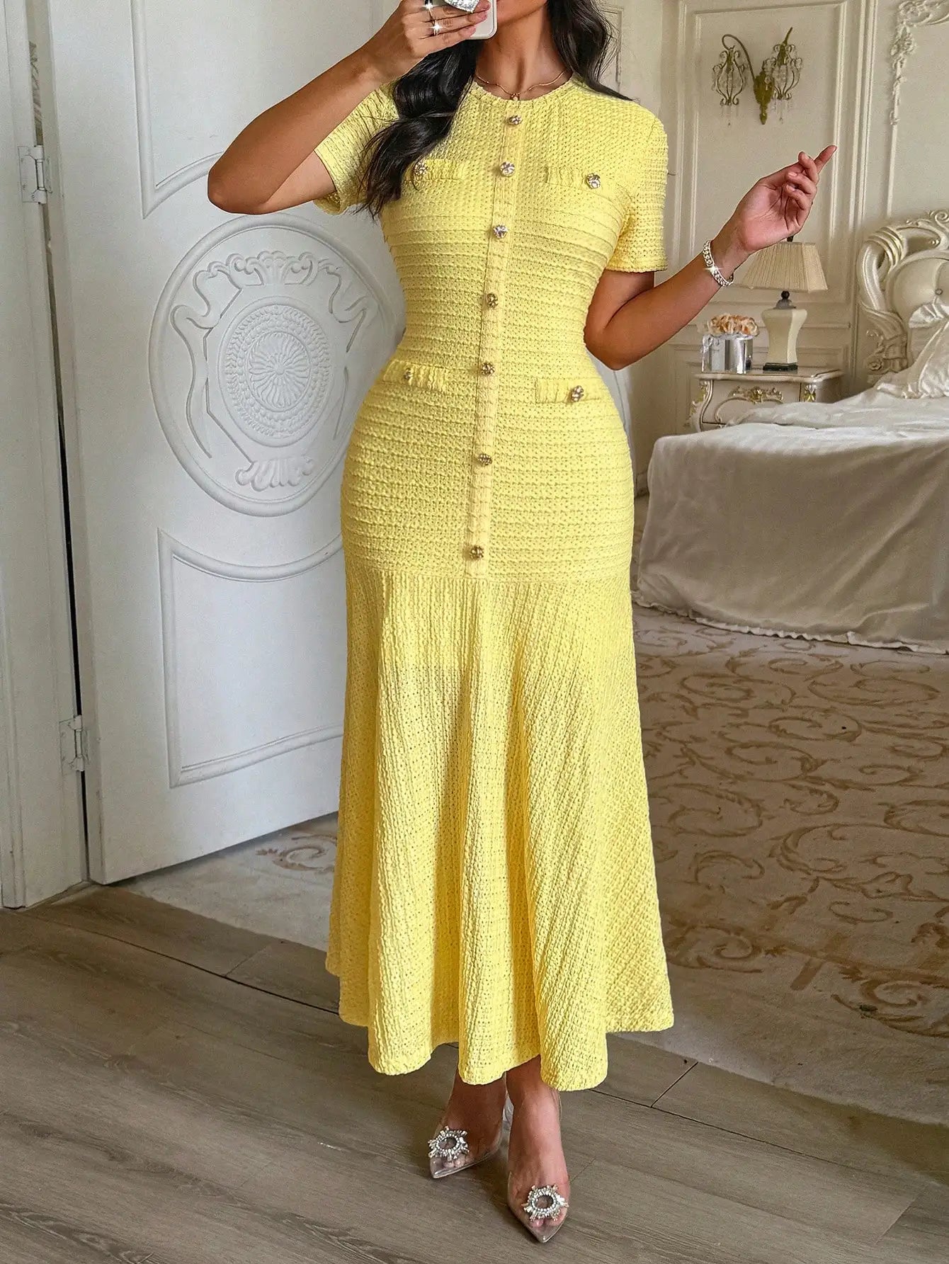 Textured Knit Midi Dress With Front Buttons And Faux Pockets