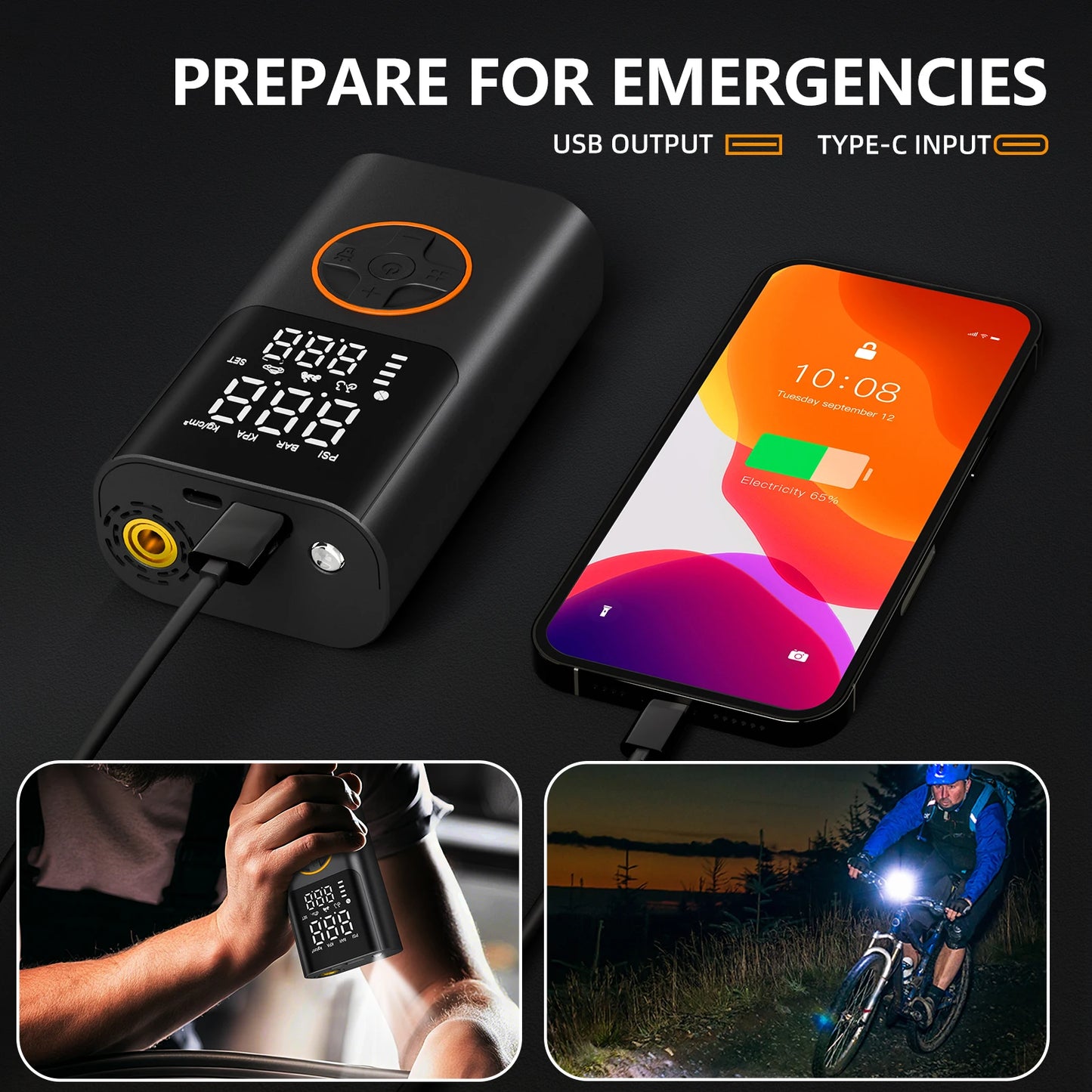 Portable Tire Inflator With Power Bank 150 PSI LED Light