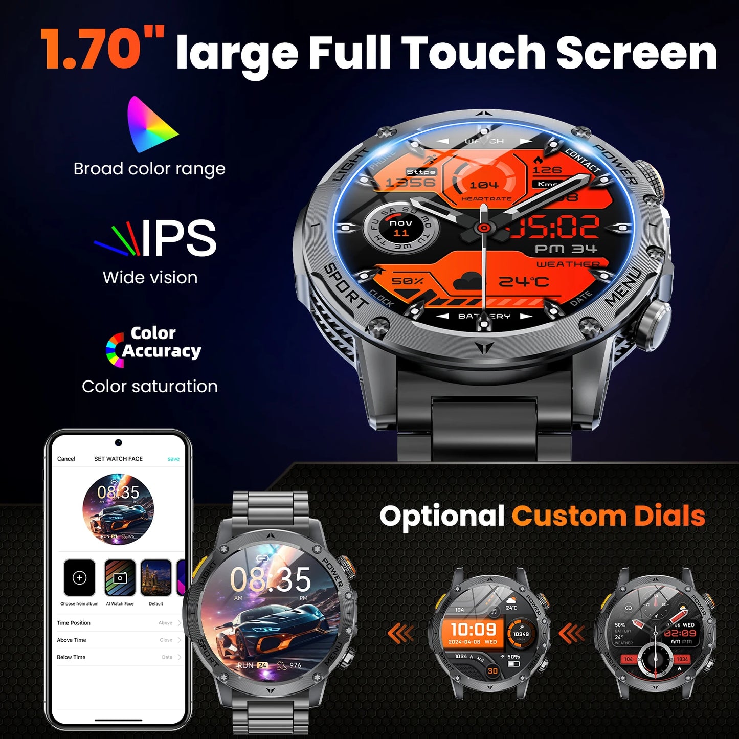 Military Smartwatch For Men With Bluetooth Call Health Monitor Waterproof
