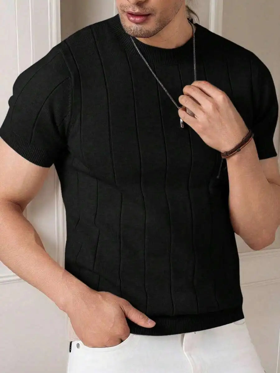 Minimalist Ribbed Knit Crew Neck Short Sleeve Men's Pullover