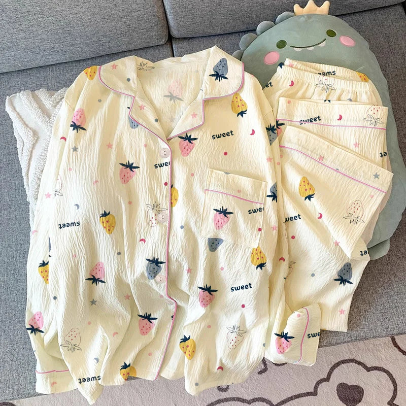 Harajuku Bow Tie Pajamas For Women Long Sleeve Top Pants