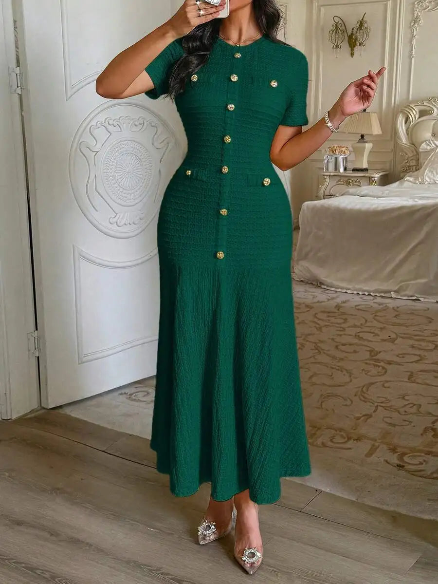 Textured Knit Midi Dress With Front Buttons And Faux Pockets