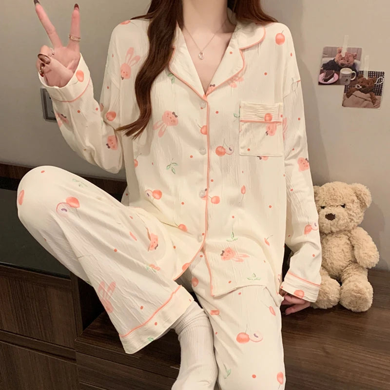 Harajuku Bow Tie Pajamas For Women Long Sleeve Top Pants