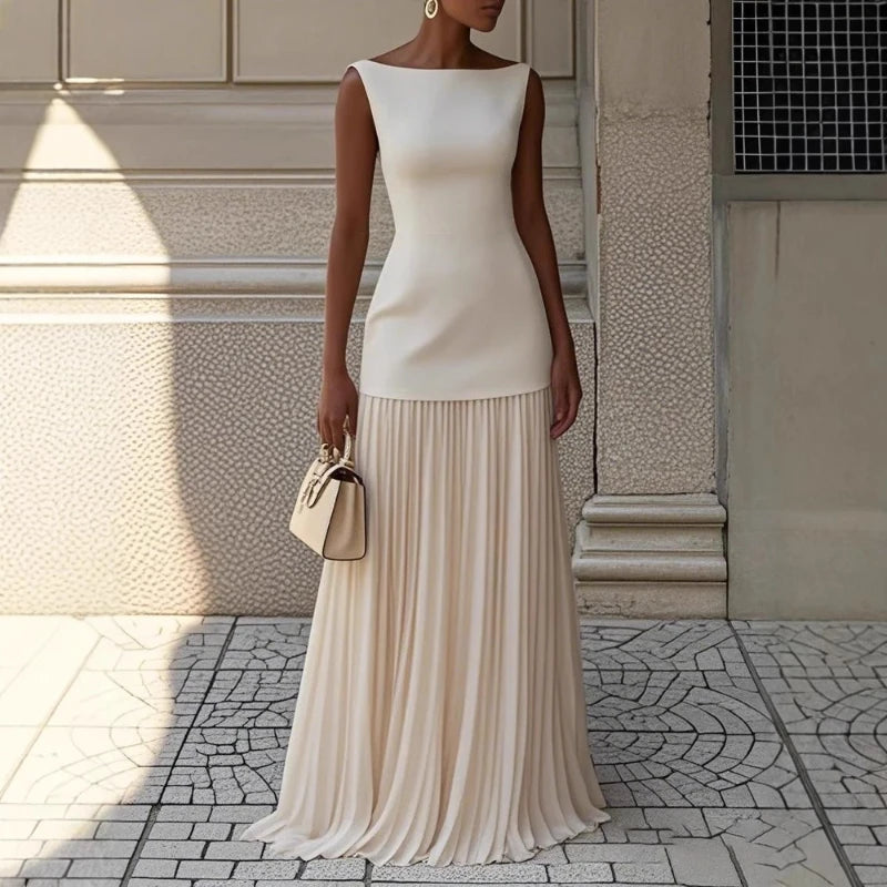 Elegant Dress Two-Piece Set With Pleated Vest Overskirt For Women