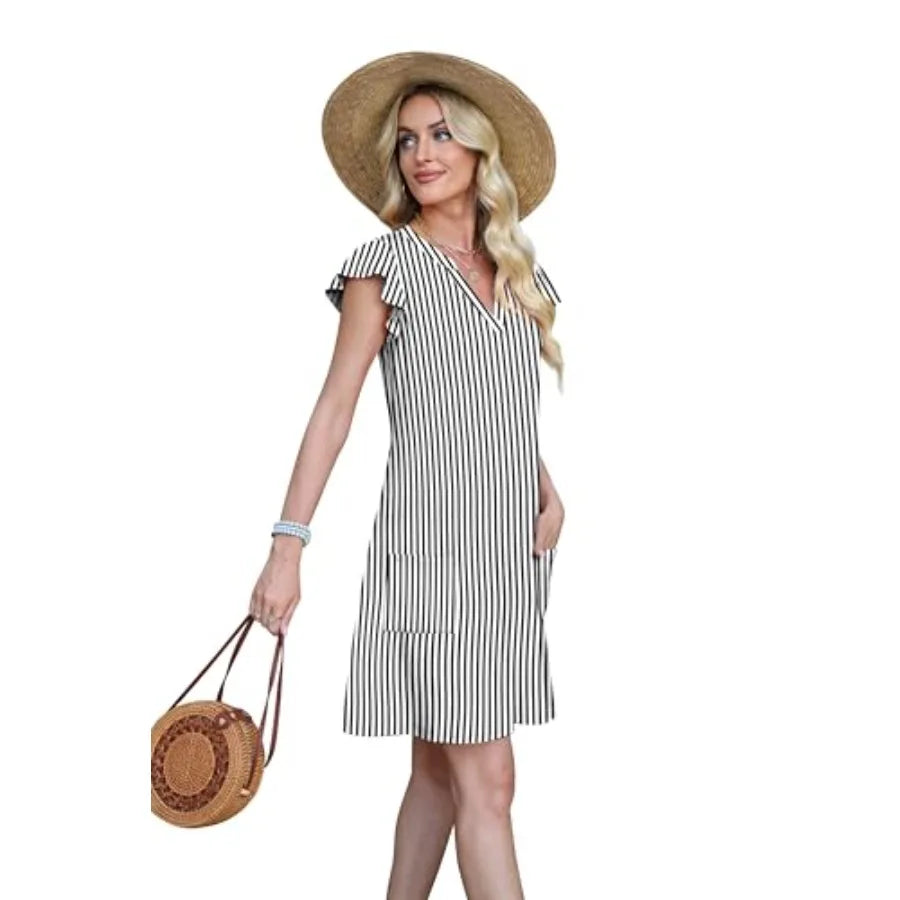 OFEEFAN Womens Ruffle Sleeve V Neck Sundresses With Pockets