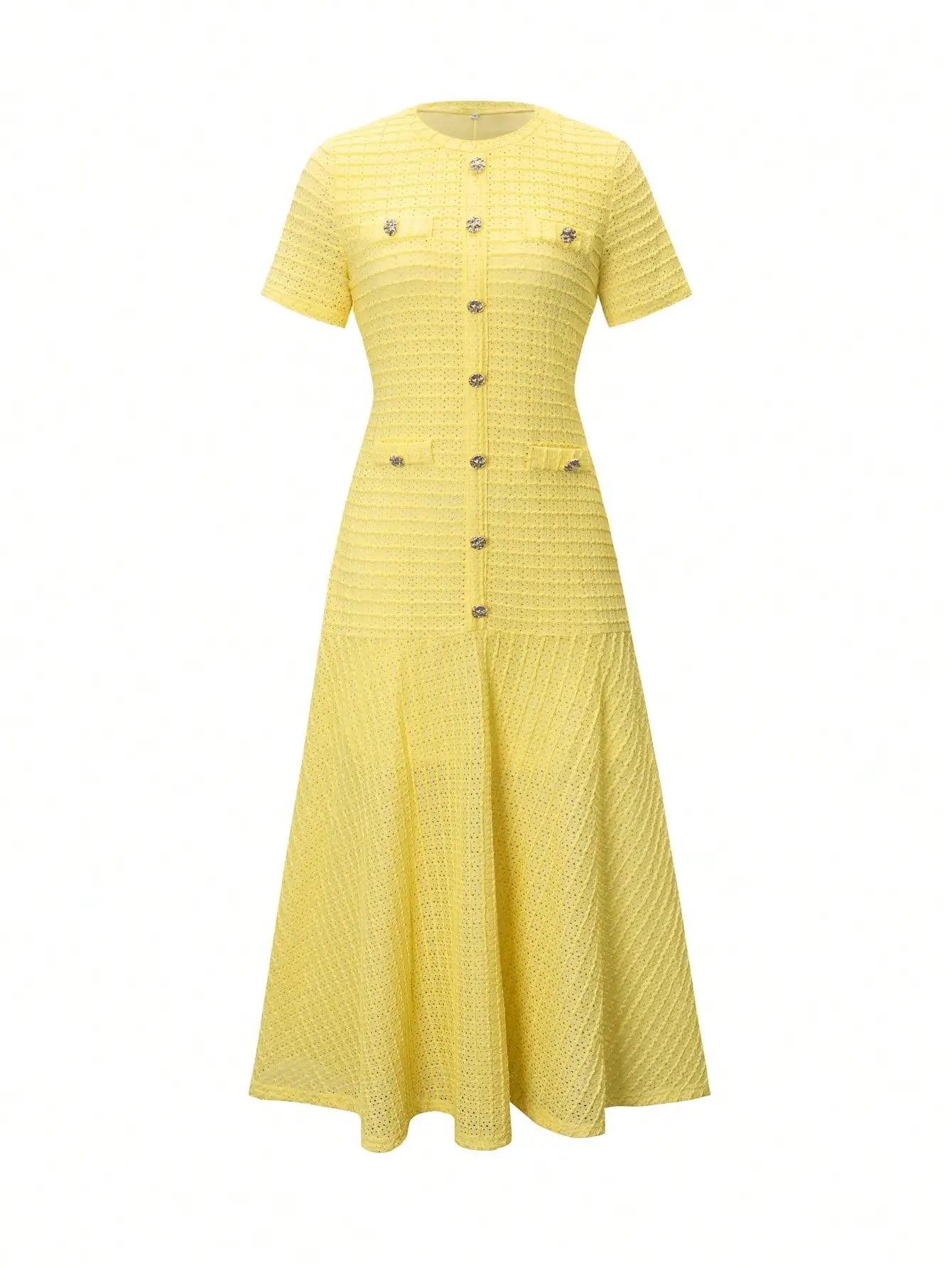 Textured Knit Midi Dress With Front Buttons And Faux Pockets