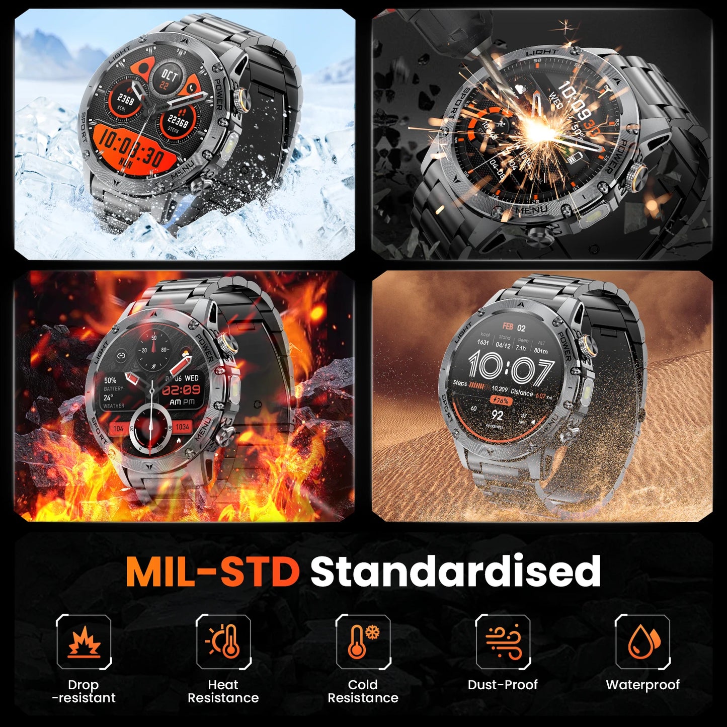 Military Smartwatch For Men With Bluetooth Call Health Monitor Waterproof