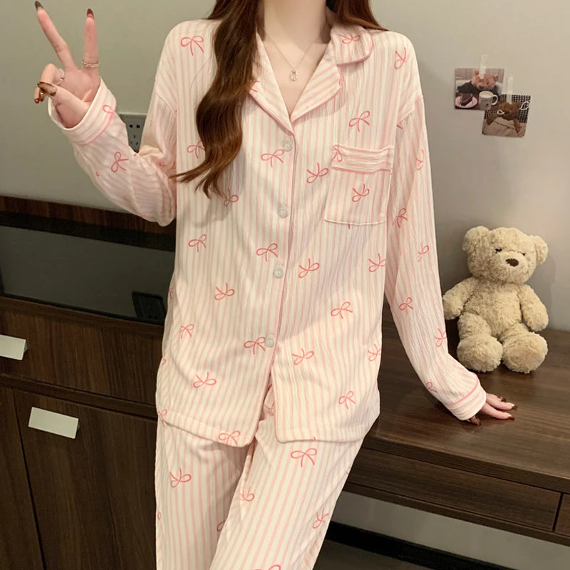 Harajuku Bow Tie Pajamas For Women Long Sleeve Top Pants