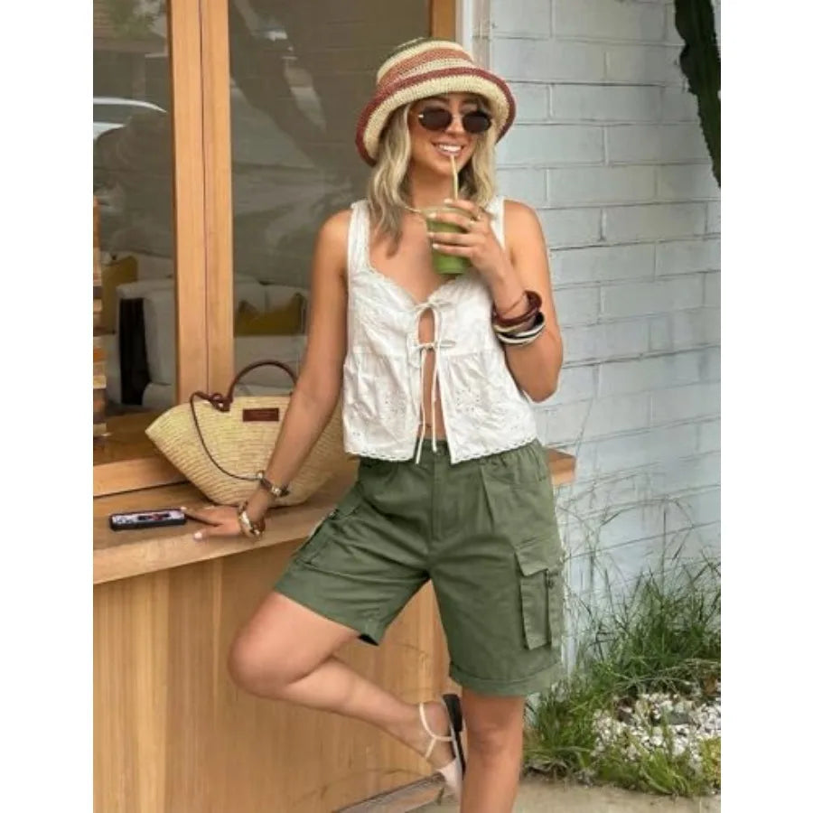 Bermuda Cargo Shorts For Women High Waist Denim 6 Pockets