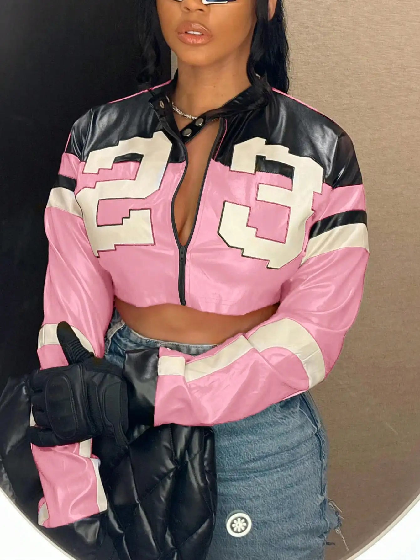 Womens Faux Leather Moto Jacket Zipper Bomber Style Streetwear
