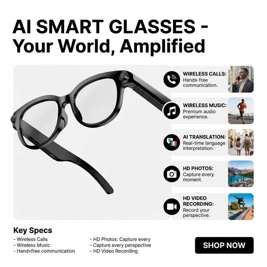 SENBONO Smart Glasses With 100 Language Translation Bluetooth Camera