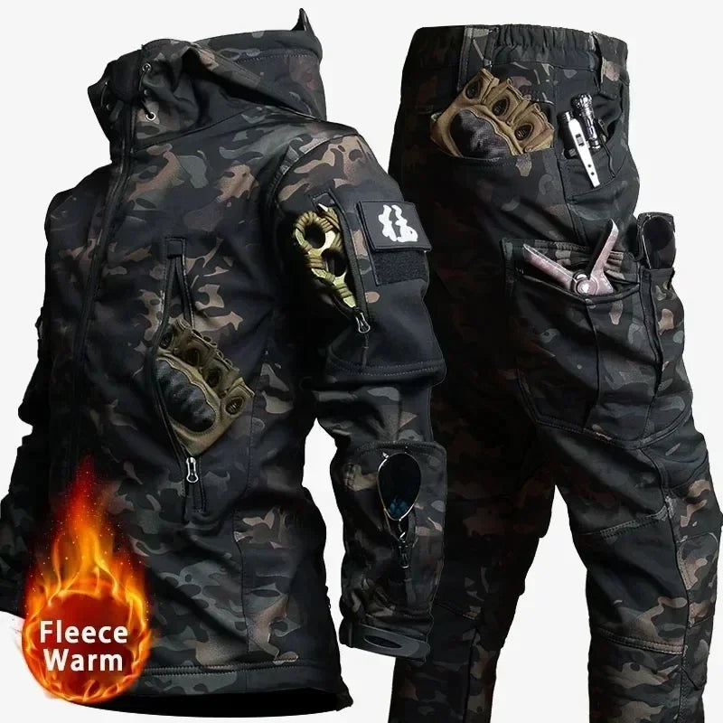 AUKUPKEE Tactical Waterproof Men Camo Soft Shell Fleece Winter Suit