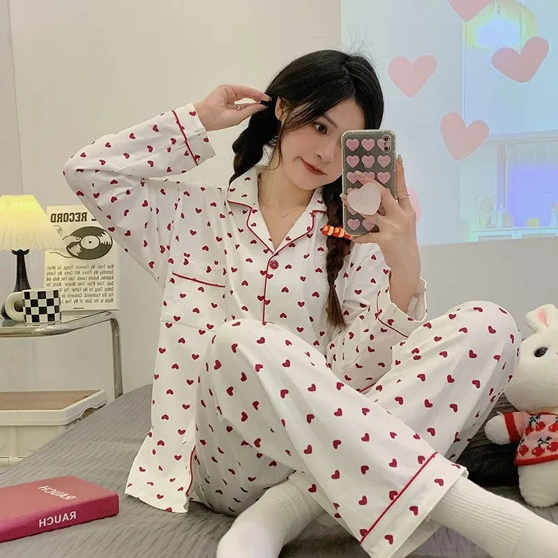 Korean Style Long Sleeve Pajamas Set Women Homewear Autumn