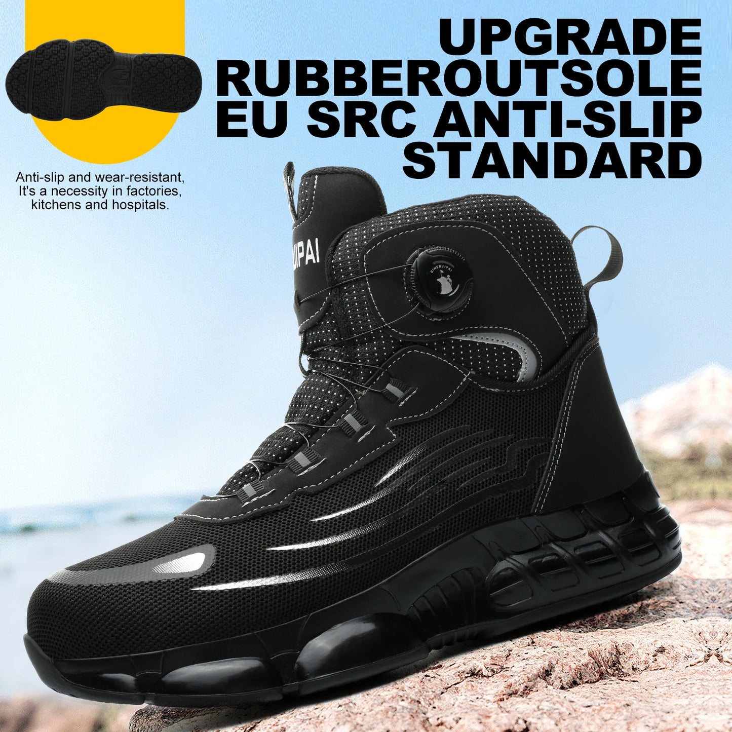Mens High Top Lace Free Work Shoes Anti Smash Puncture Resistant