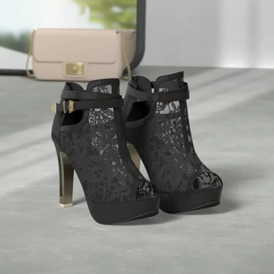 Getmorebeauty Women Lace Floral Open Toes High Heel Ankle Boots