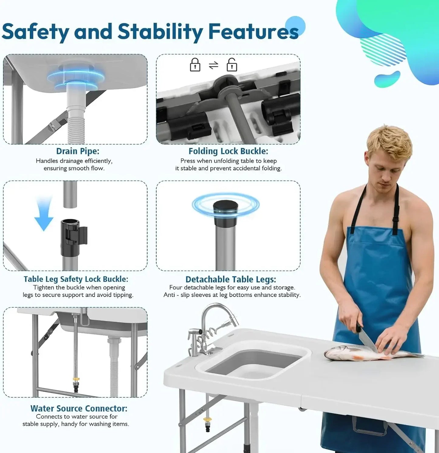 Fold In Half Folding Fish Cleaning Table With Sink