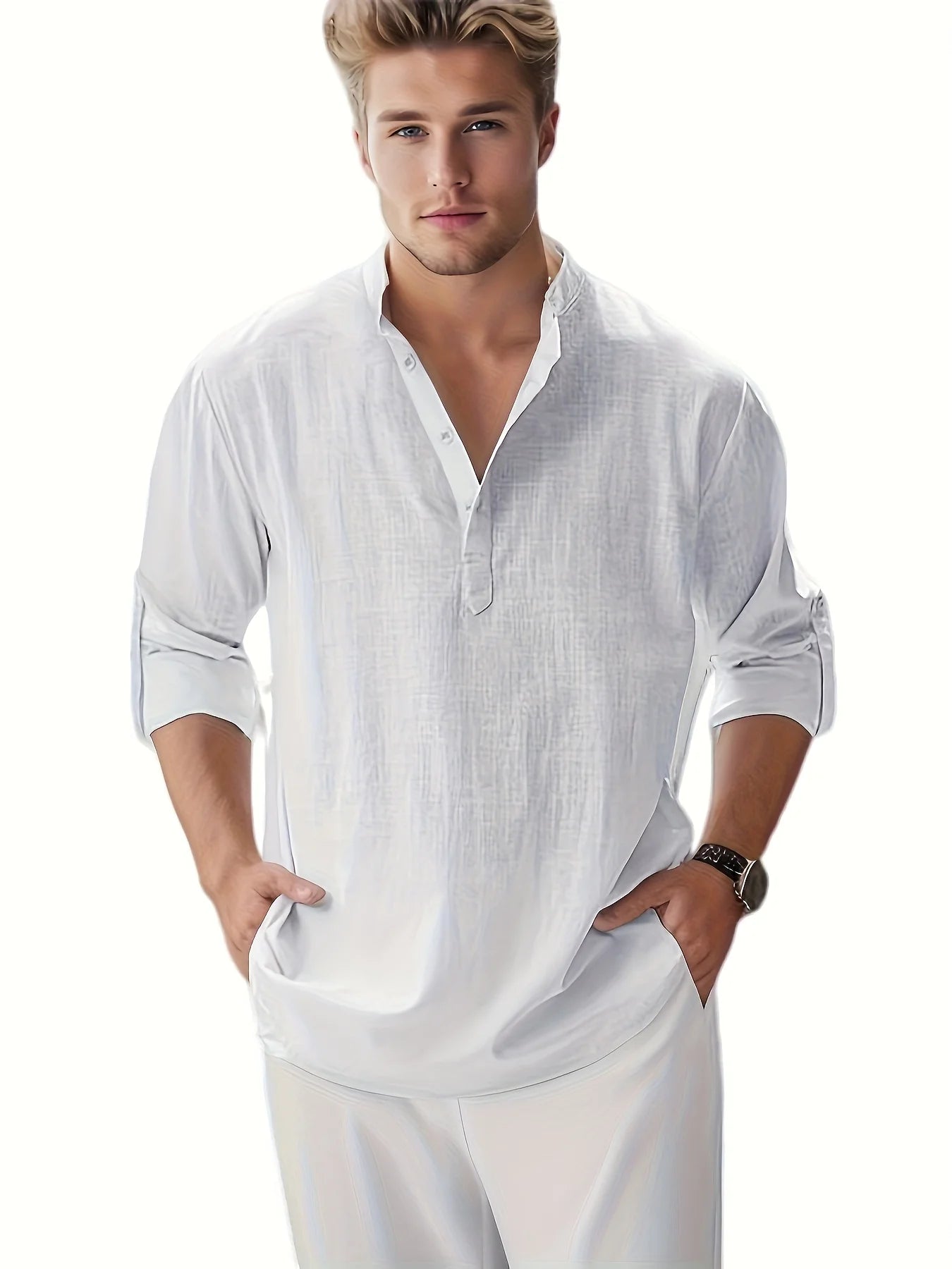 Men's Linen Stand Collar Long Sleeve Shirt Cotton Linen