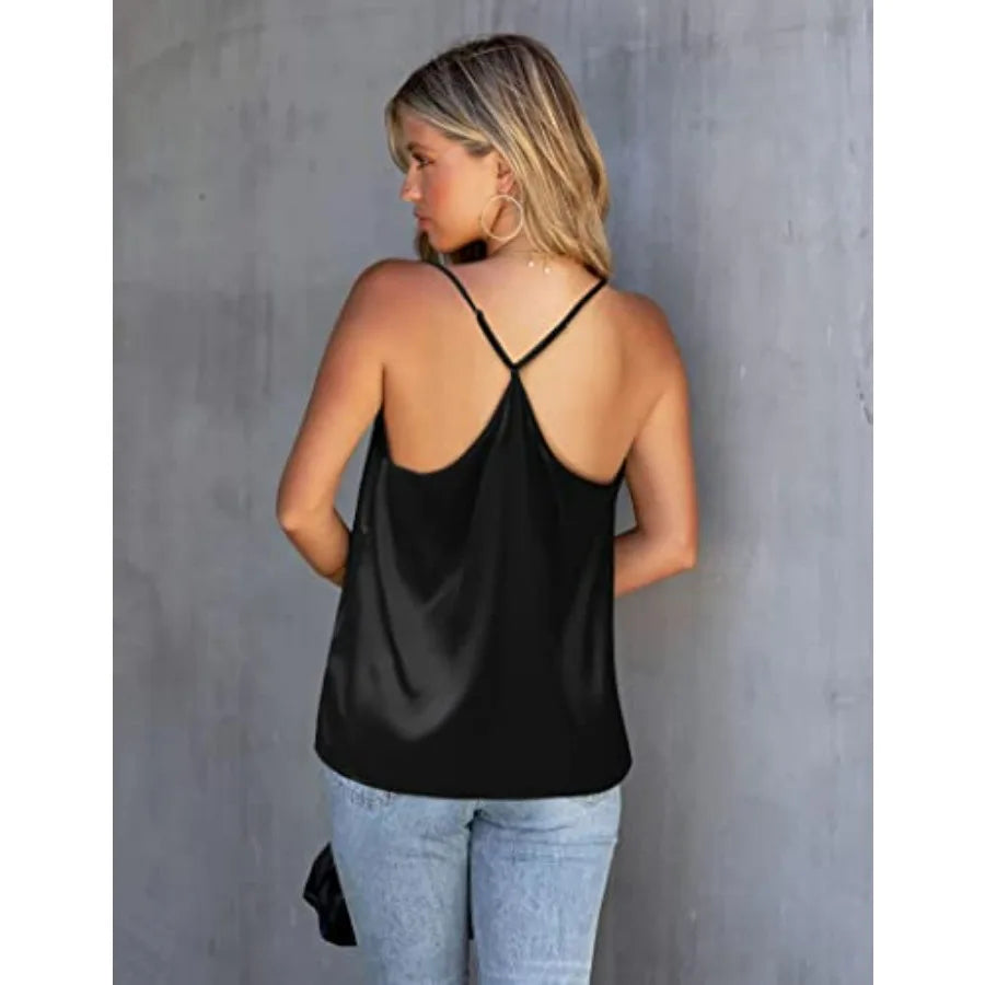 Womens Silk Satin Cami Tank Top Mesh VNeck Adjustable Straps
