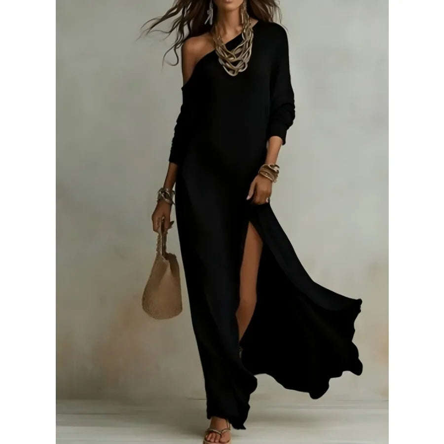 Women's Knit Pleated Long Sleeve Dress With Split Hem