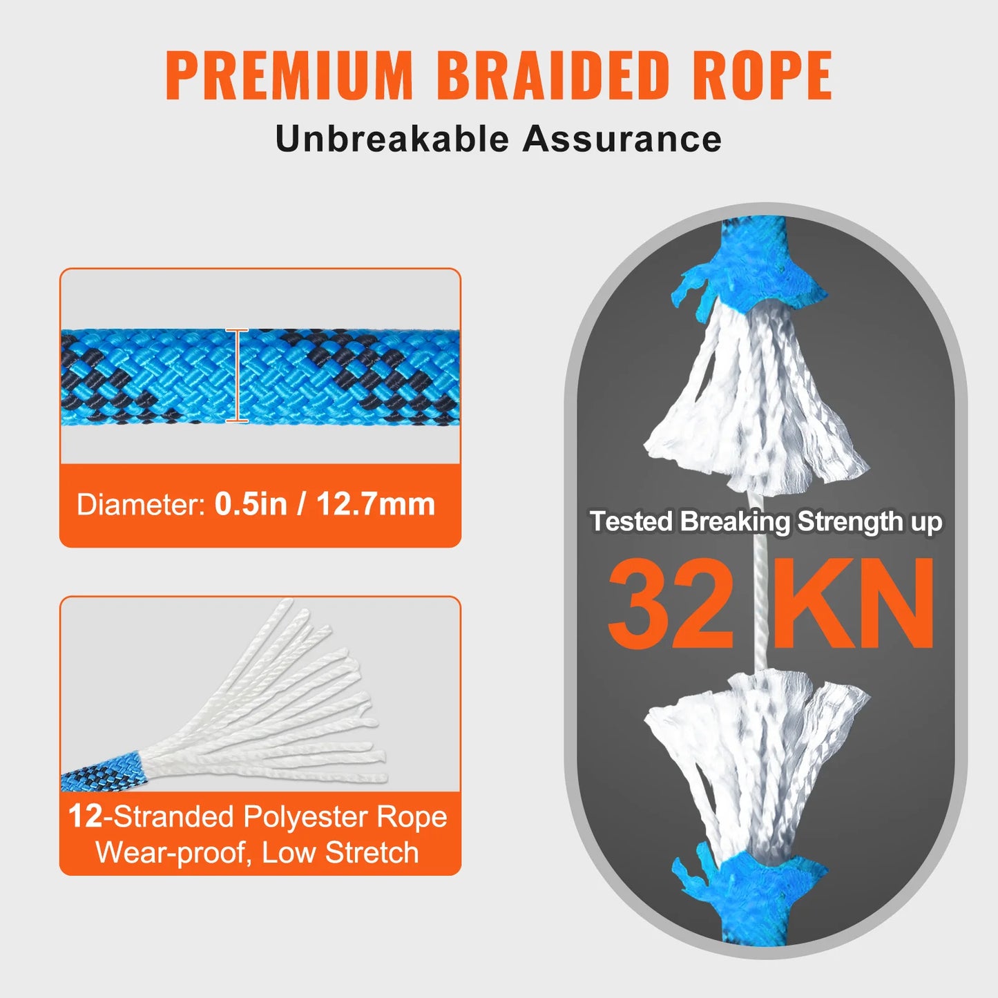 Static Climbing Rope 30kN Breaking Strength With Steel Snap Hooks