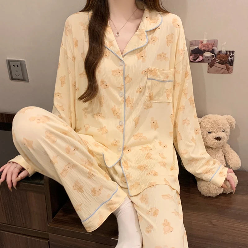 Harajuku Bow Tie Pajamas For Women Long Sleeve Top Pants