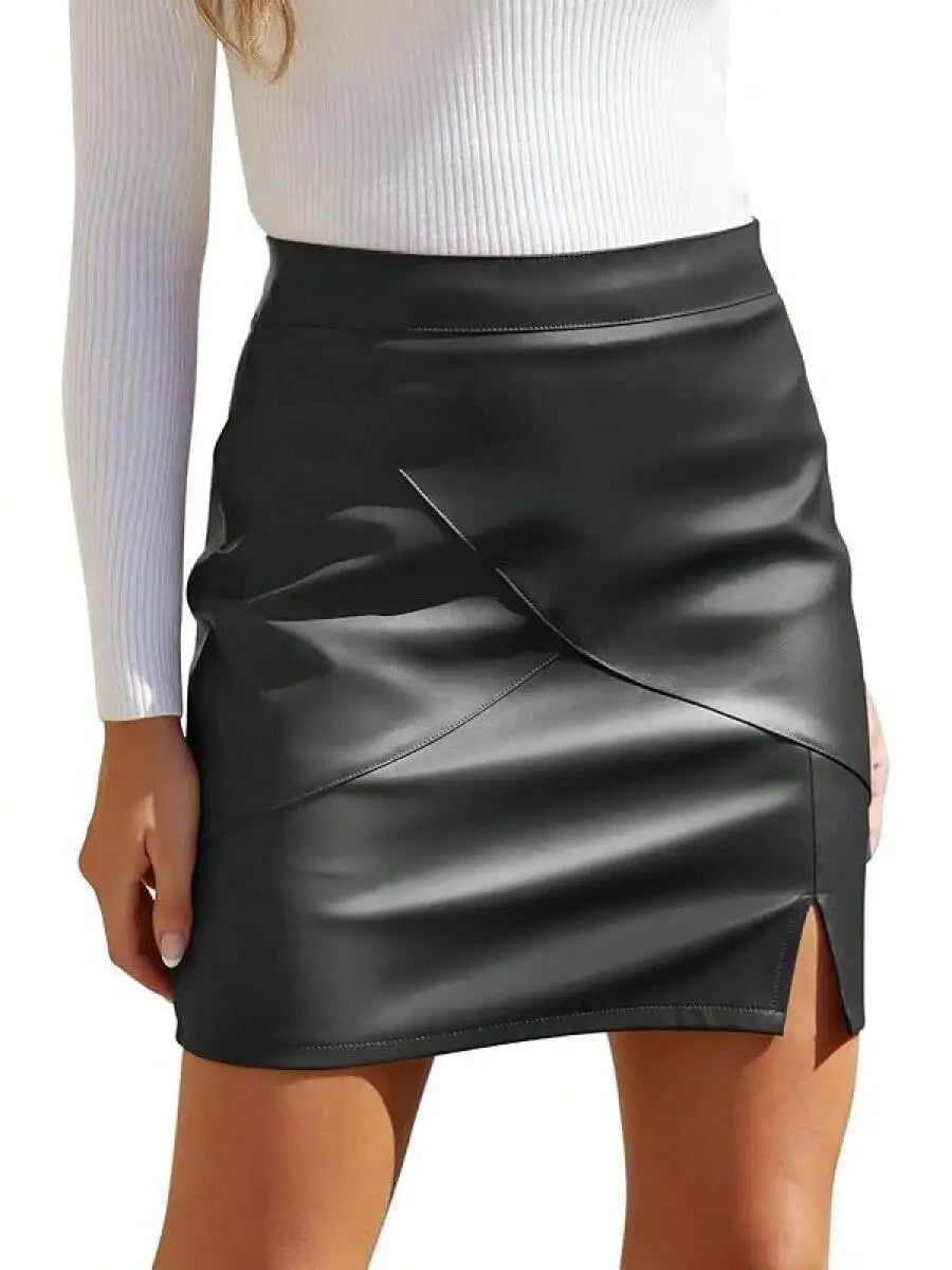 Women Faux Leather High Waisted Bodycon Pencil Skirt With Zipper