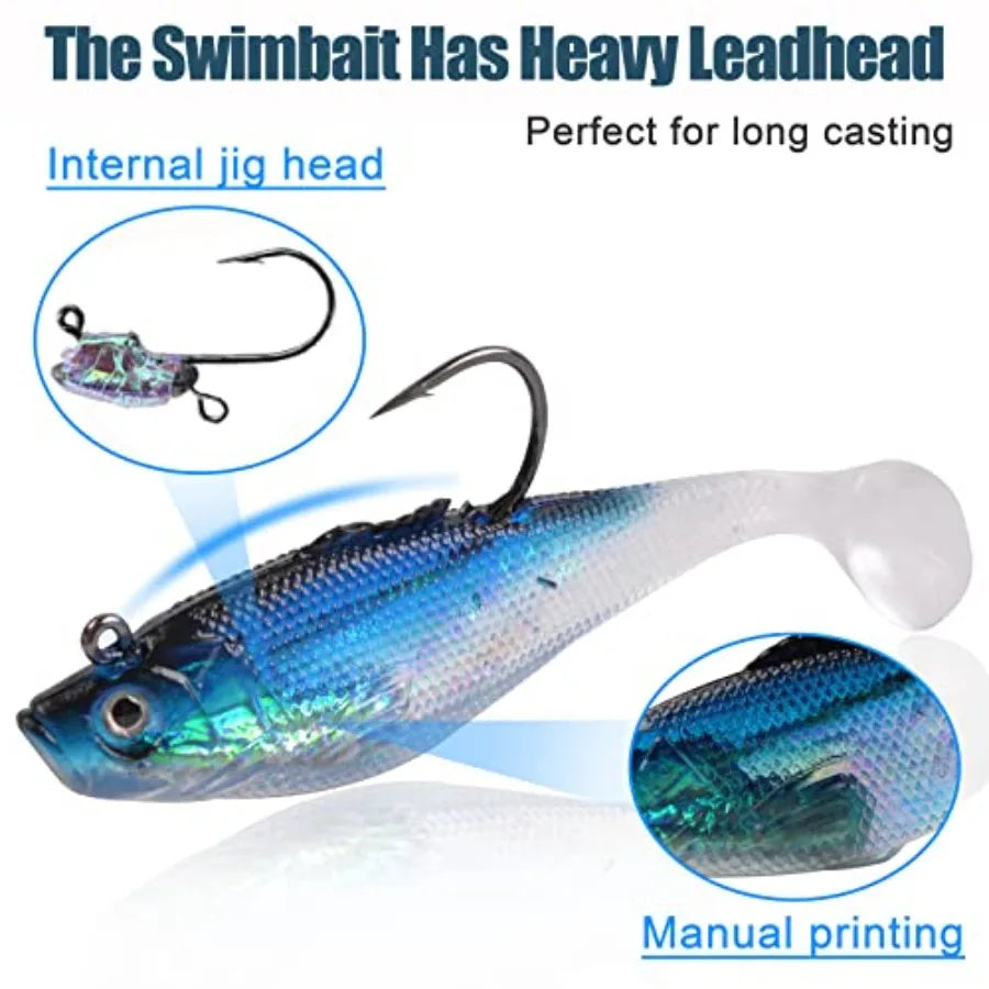 Pre Rigged Jig Head Soft Lures Paddle Tail Swimbaits Bass
