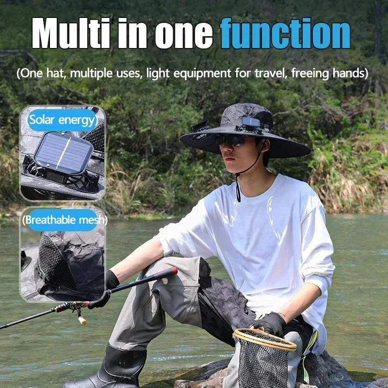 NONECN Wide Brim Solar Dual Fan Hat Outdoor Sun Protection