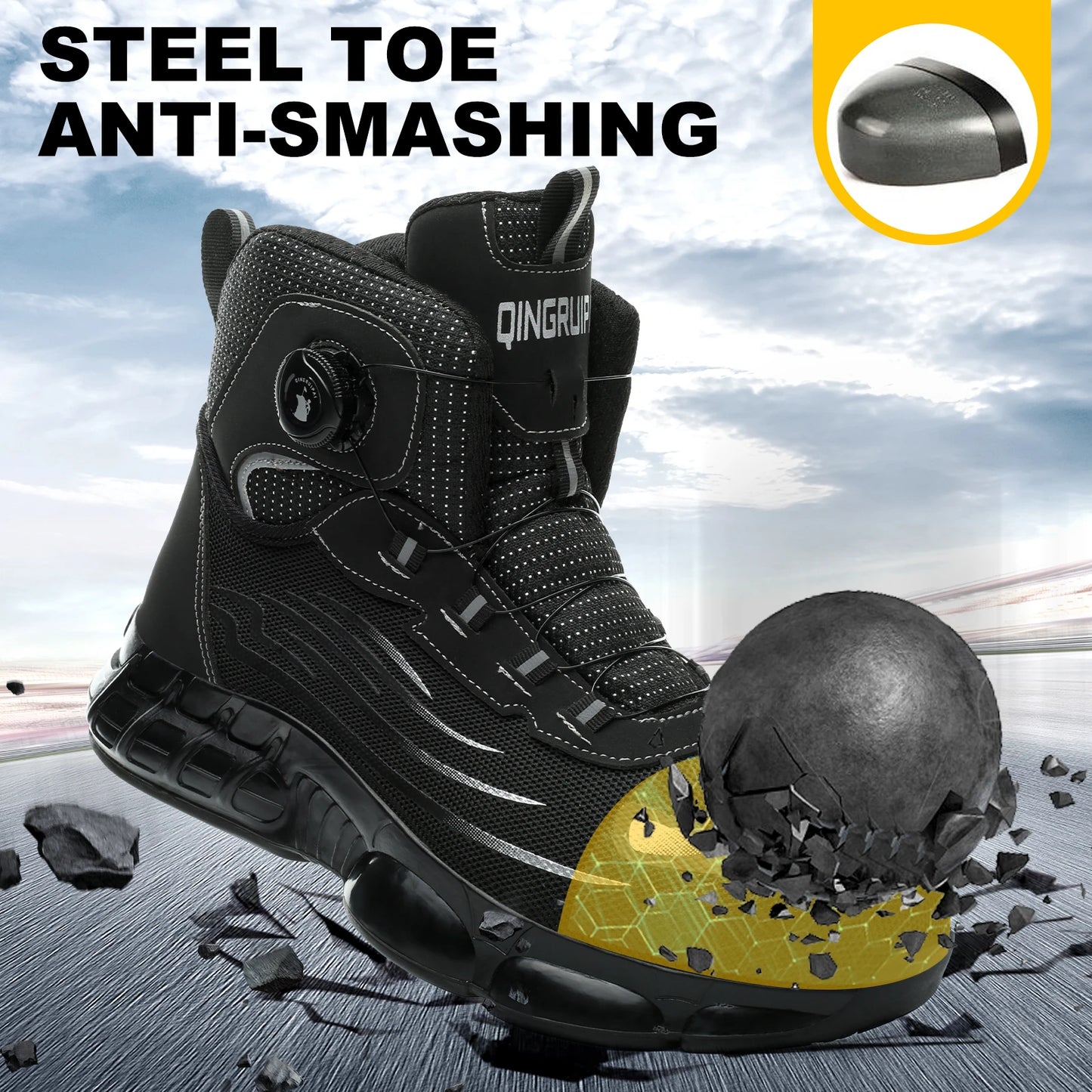 Mens High Top Lace Free Work Shoes Anti Smash Puncture Resistant