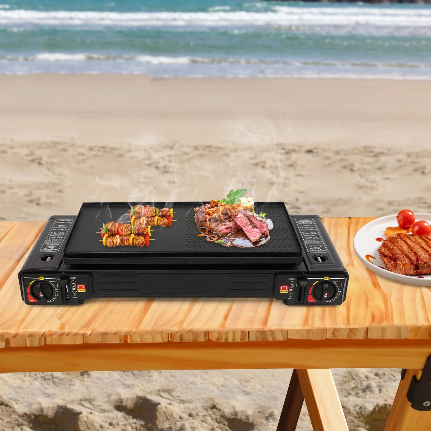 NONED 2500W Portable Camping Stove 2 Burners Baking Tray LPG