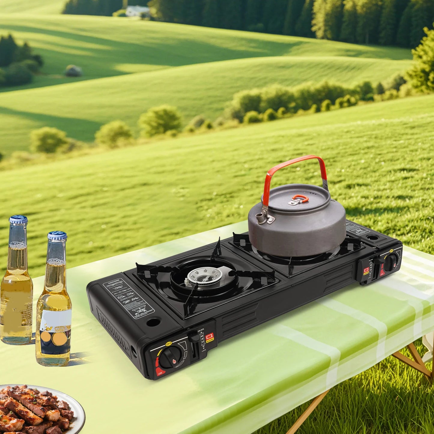 NONED 2500W Portable Camping Stove 2 Burners Baking Tray LPG