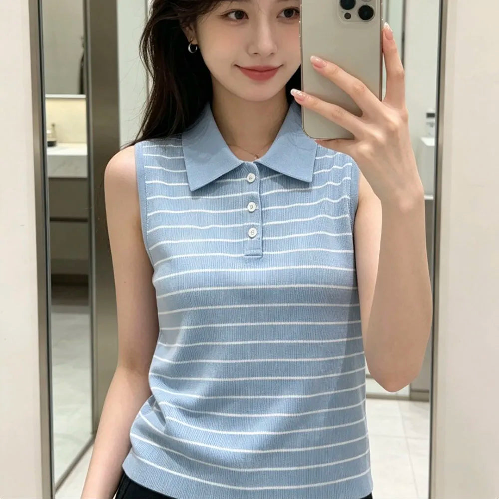 Women Sleeveless Striped Cotton Blouse For Casual Wear