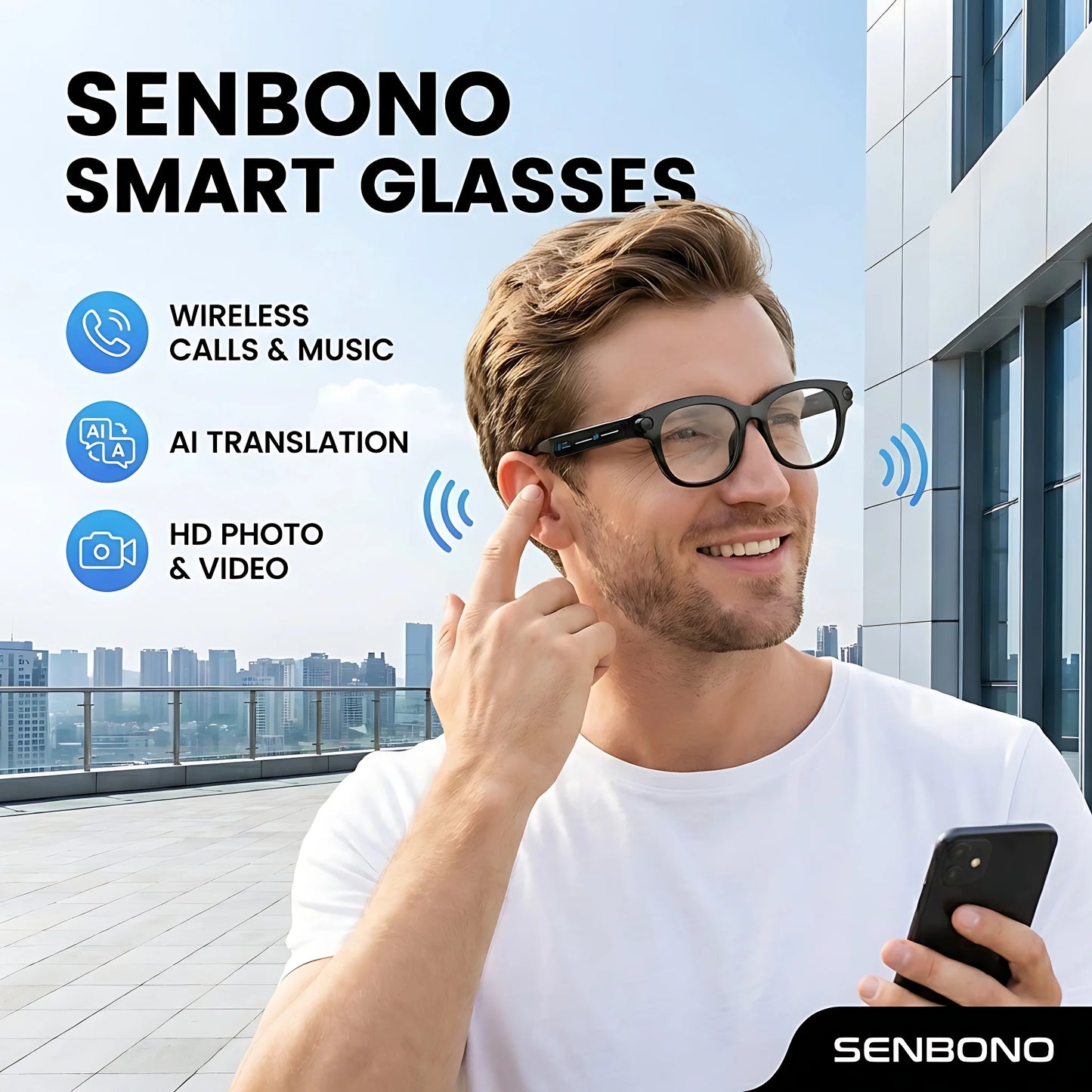 SENBONO Smart Glasses With 100 Language Translation Bluetooth Camera
