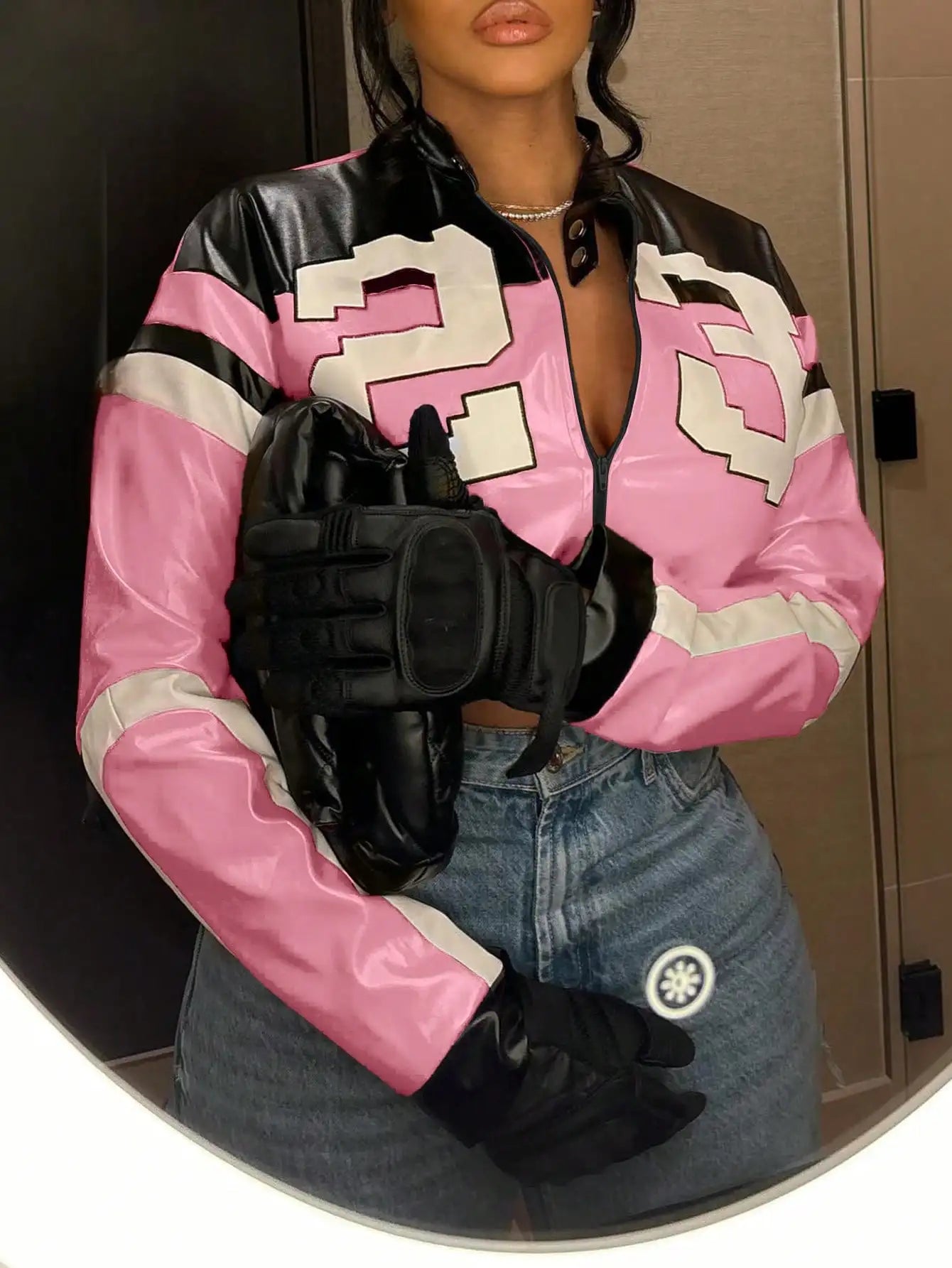 Womens Faux Leather Moto Jacket Zipper Bomber Style Streetwear