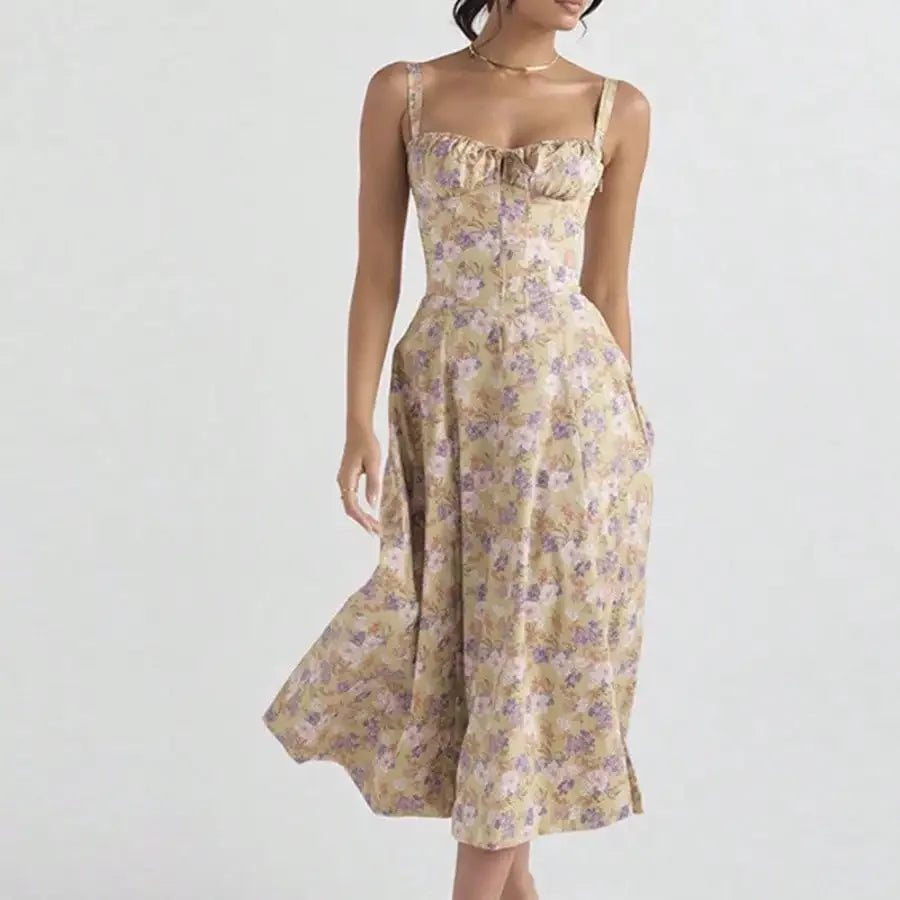 French Style Backless Floral Slit Spaghetti Strap Dress For Women