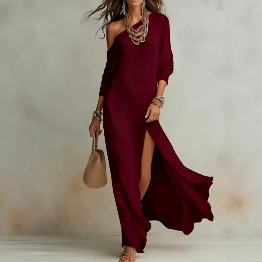 Women's Knit Pleated Long Sleeve Dress With Split Hem