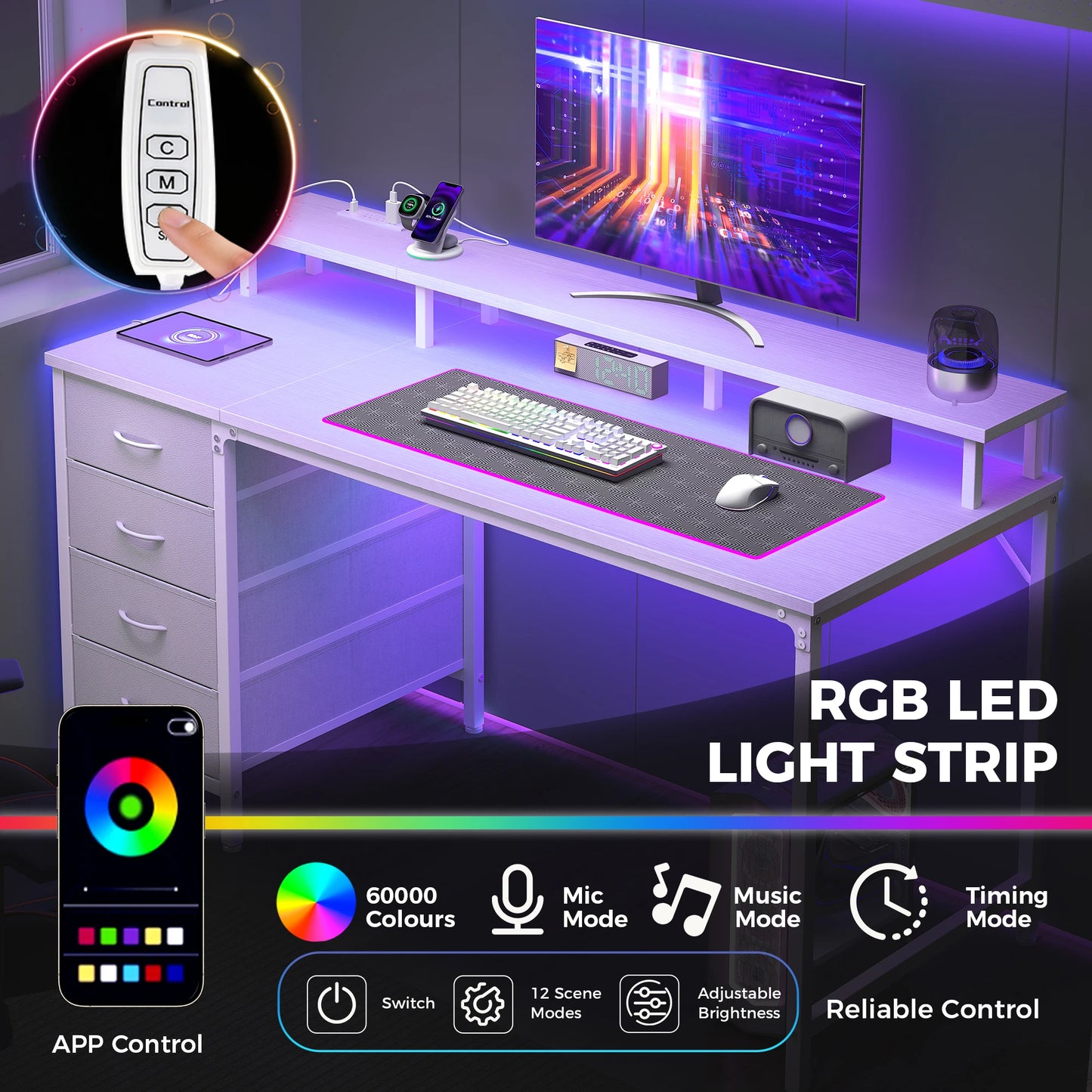 JHK Gaming Desk With 4 Drawers Power Outlets LED Lights