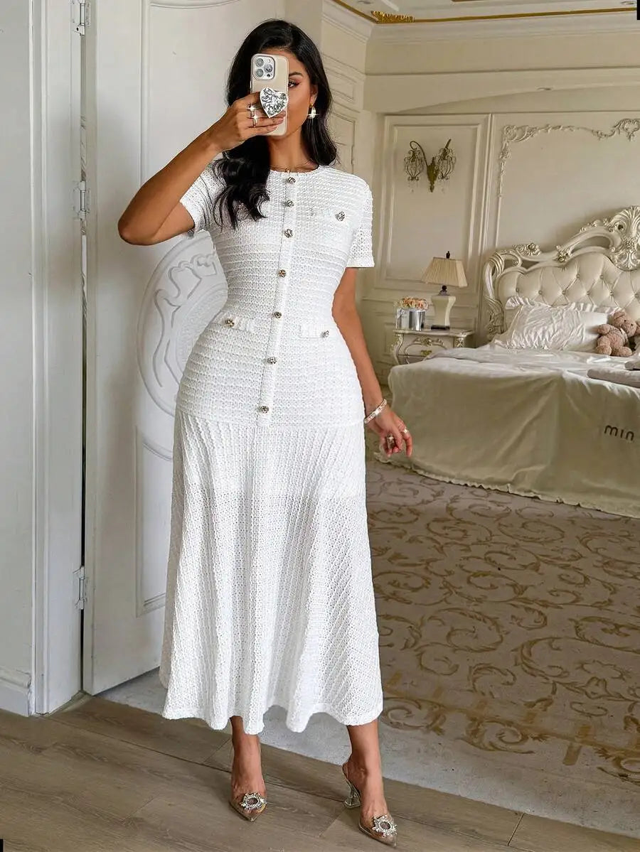 Textured Knit Midi Dress With Front Buttons And Faux Pockets