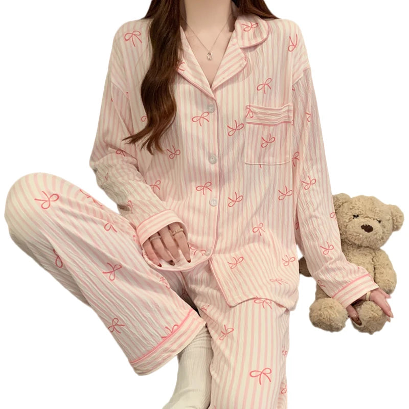 Harajuku Bow Tie Pajamas For Women Long Sleeve Top Pants