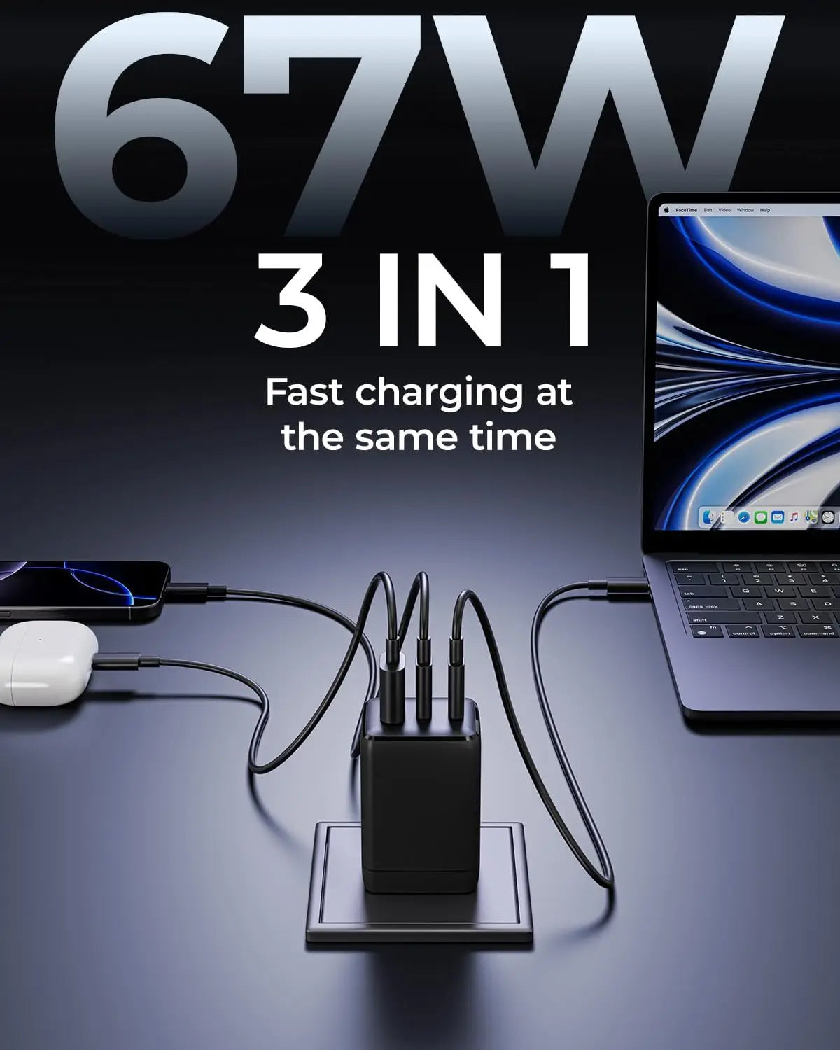 WEGEAR 67W USB C GaN Charger 3Port Fast Charging Block