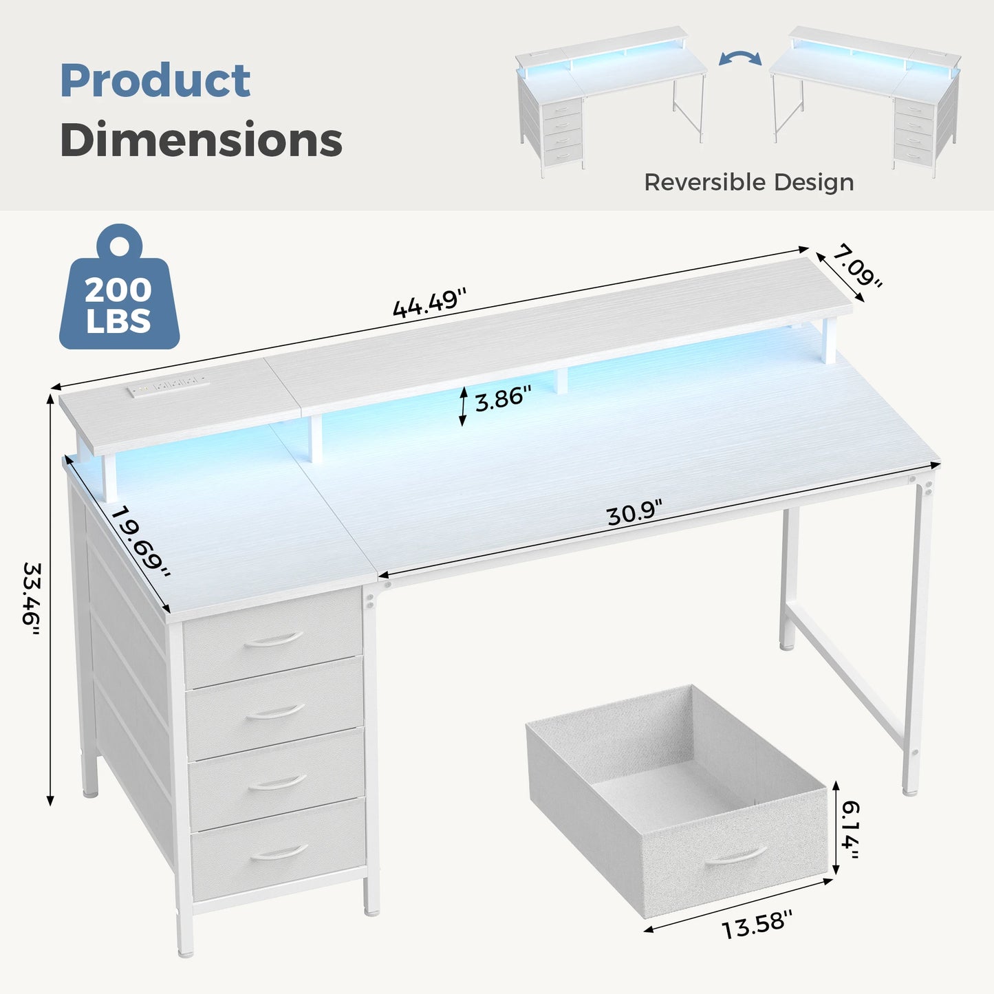 JHK Gaming Desk With 4 Drawers Power Outlets LED Lights