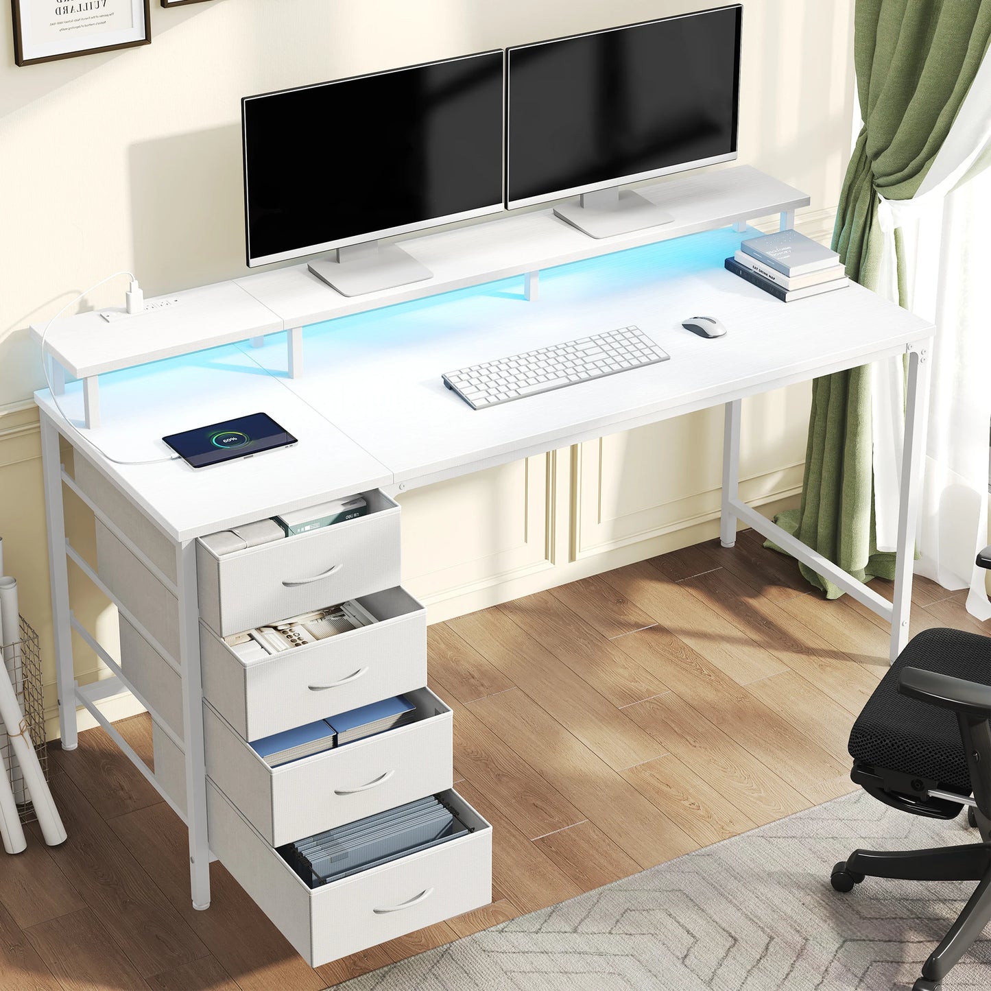 JHK Gaming Desk With 4 Drawers Power Outlets LED Lights