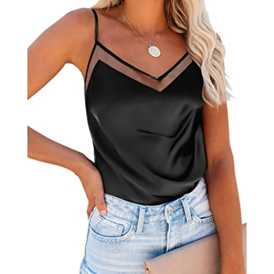 Womens Silk Satin Cami Tank Top Mesh VNeck Adjustable Straps