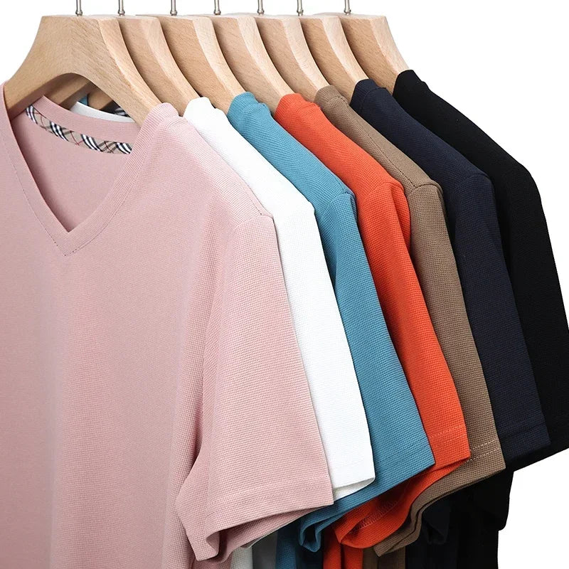Men Waffle Knit V Neck Short Sleeve T Shirt Casual Top