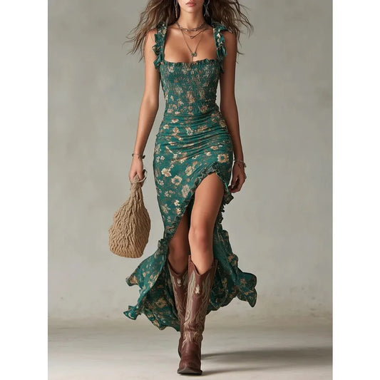 Pastoral Style Floral Print Strap Dress With Slimming Waist