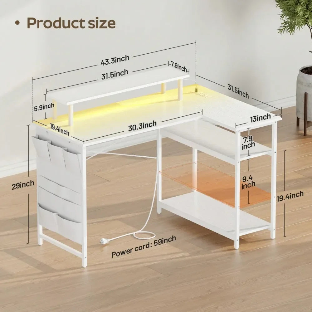 XMSJ L Shaped Computer Desk With Power Outlet And LED