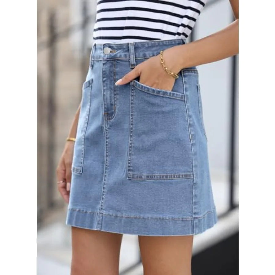 Sidefeel Women's Jean Skirt High Waisted Stretch Denim With Pockets