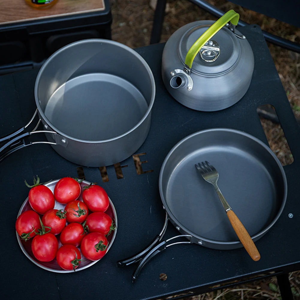 APWIKOGER Camping Cookware Set Three Piece Pot Pan Kettle With Mesh Bag
