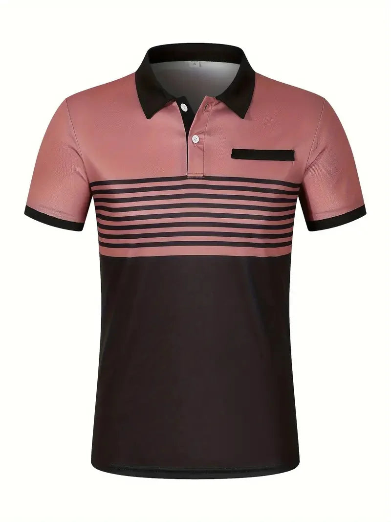 Men's V Neck Polo Shirt Striped Colorblocked Short Sleeve